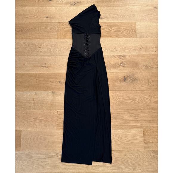 The Kript - Valkyrie One Shoulder Corset Maxi Dress in Black - Picture 1 of 6